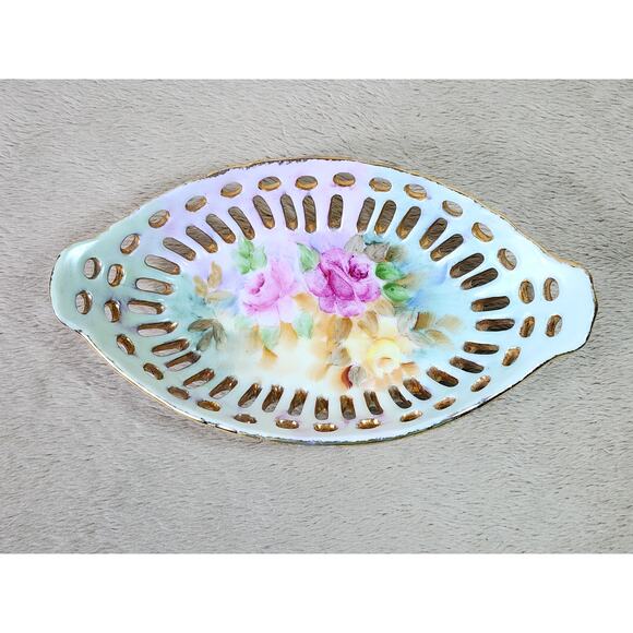 Articulated Candy Dish Trinket Dish 6 1/4" ACI Japan Porcelain Gold Trim 70s Vtg - Picture 1 of 11